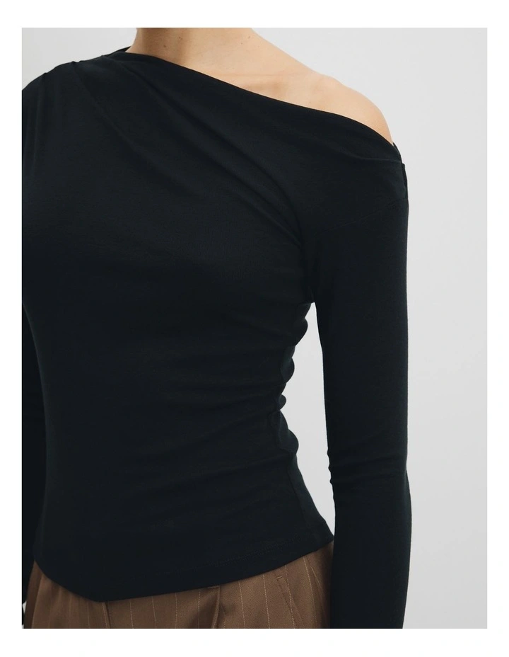 One Shoulder Long Sleeve Top in Black image 2
