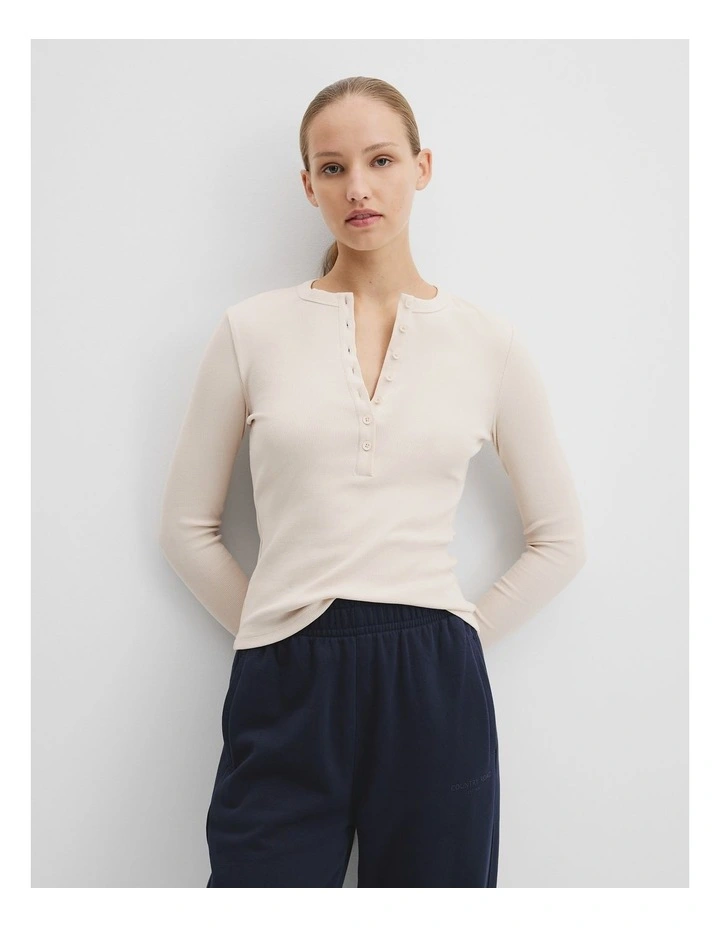 Australian Cotton Blend Rib Henley Top in Nougat image 1