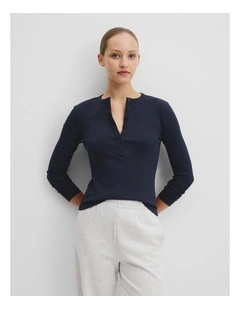 Australian Cotton Blend Rib Henley Top in Navy