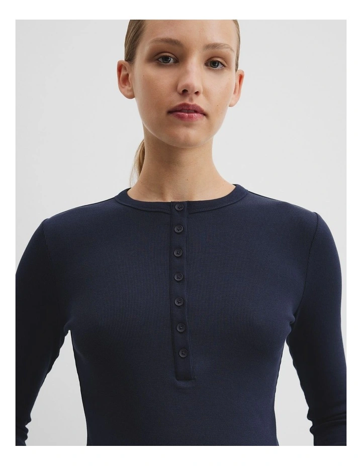 Australian Cotton Blend Rib Henley Top in Navy image 2