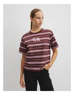 Australian Cotton Stripe Cr Logo T-shirt in Plum Stripe