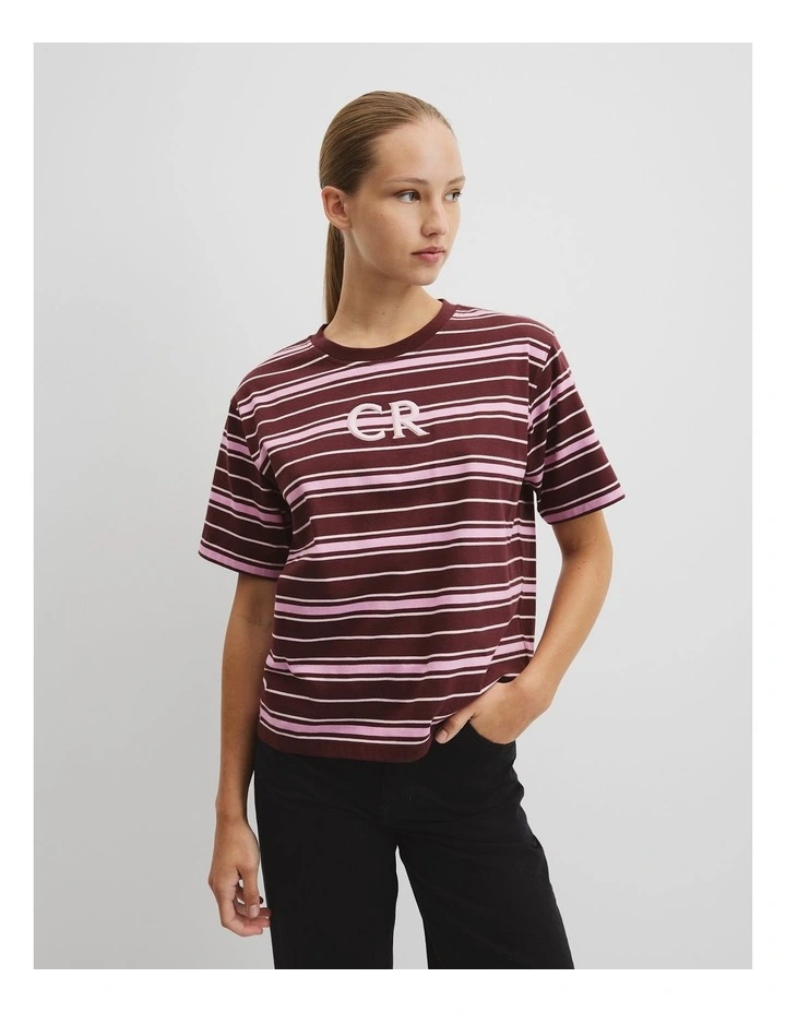 Australian Cotton Stripe Cr Logo T-shirt in Plum Stripe image 1