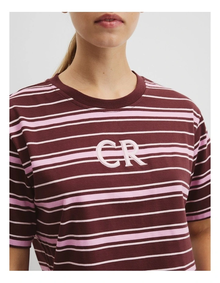 Australian Cotton Stripe Cr Logo T-shirt in Plum Stripe image 2