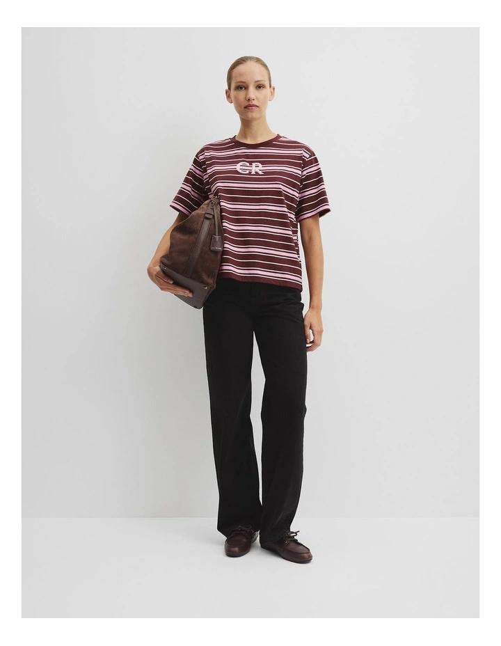 Australian Cotton Stripe Cr Logo T-shirt in Plum Stripe image 3