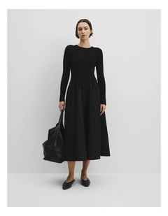 Long Sleeve Mix Media Knit Dress in Black