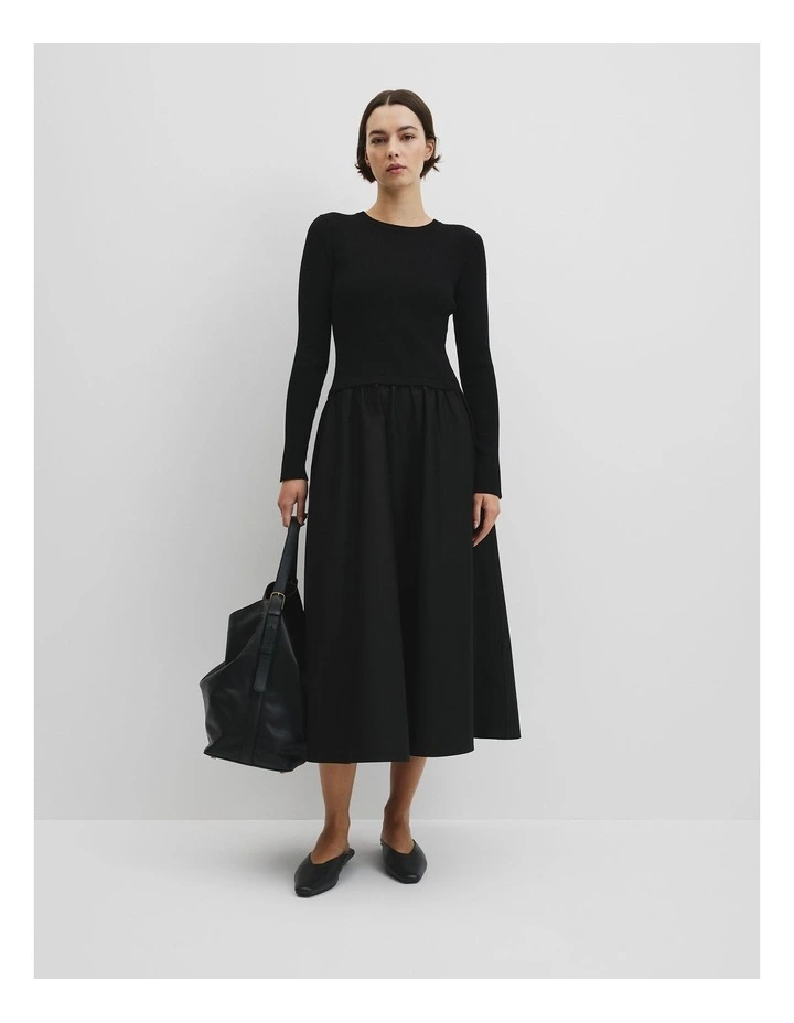 Long Sleeve Mix Media Knit Dress in Black image 1
