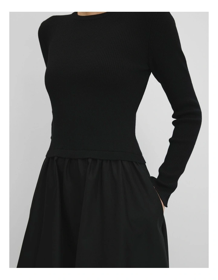 Long Sleeve Mix Media Knit Dress in Black image 2