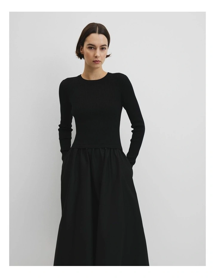 Long Sleeve Mix Media Knit Dress in Black image 3