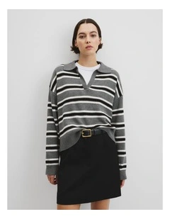 Australian Cotton Blend Stripe Knit Polo in Grey Marle