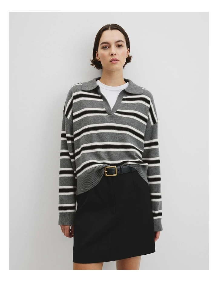 Australian Cotton Blend Stripe Knit Polo in Grey Marle image 1