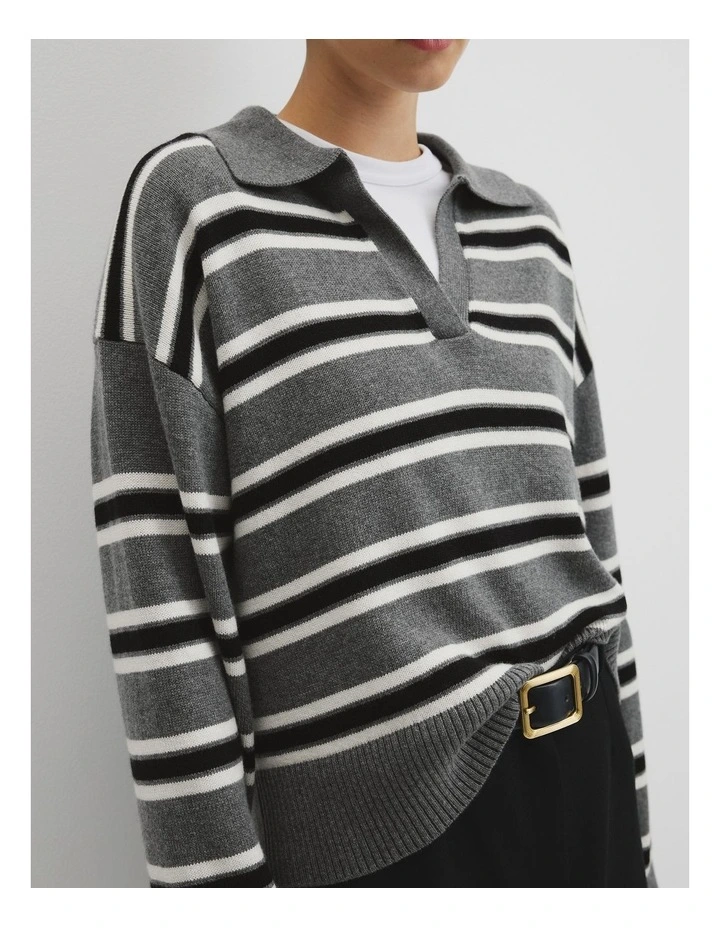 Australian Cotton Blend Stripe Knit Polo in Grey Marle image 2