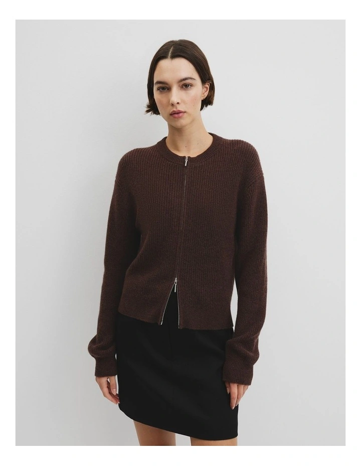 Australian Cotton Wool Blend Zip Through Knit Cardigan in Chocolate image 1