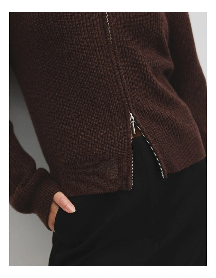 Australian Cotton Wool Blend Zip Through Knit Cardigan in Chocolate image 2