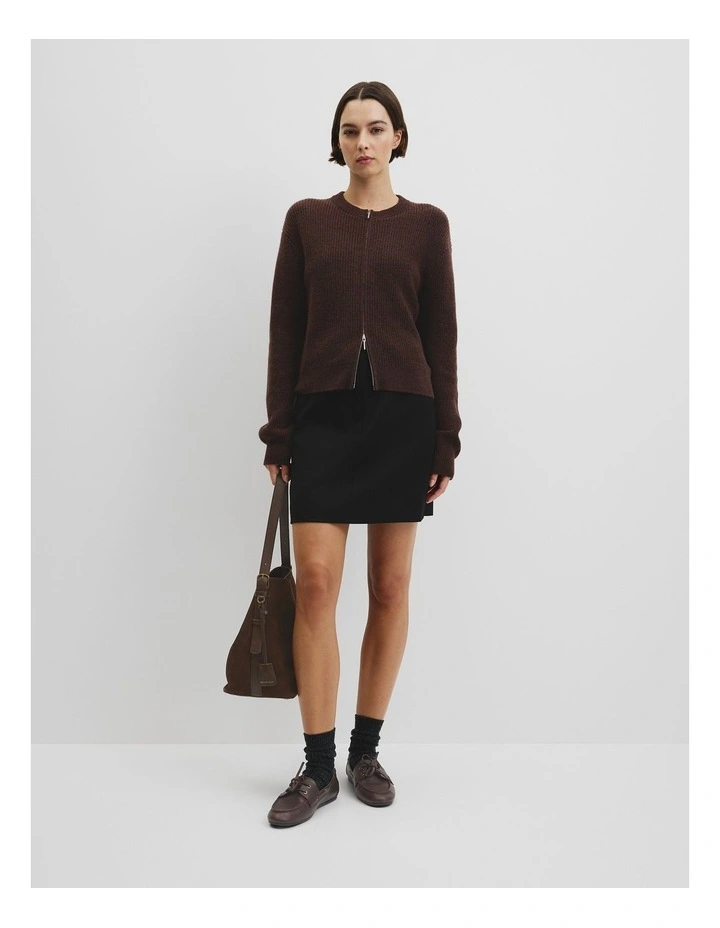 Australian Cotton Wool Blend Zip Through Knit Cardigan in Chocolate image 3