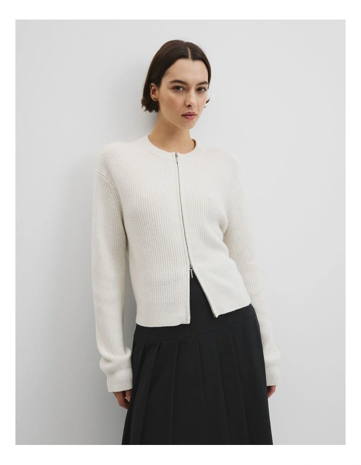 Australian Cotton Wool Blend Zip Through Knit Cardigan in Snow Marle image 1