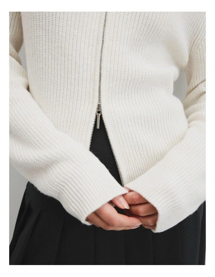 Australian Cotton Wool Blend Zip Through Knit Cardigan in Snow Marle image 2