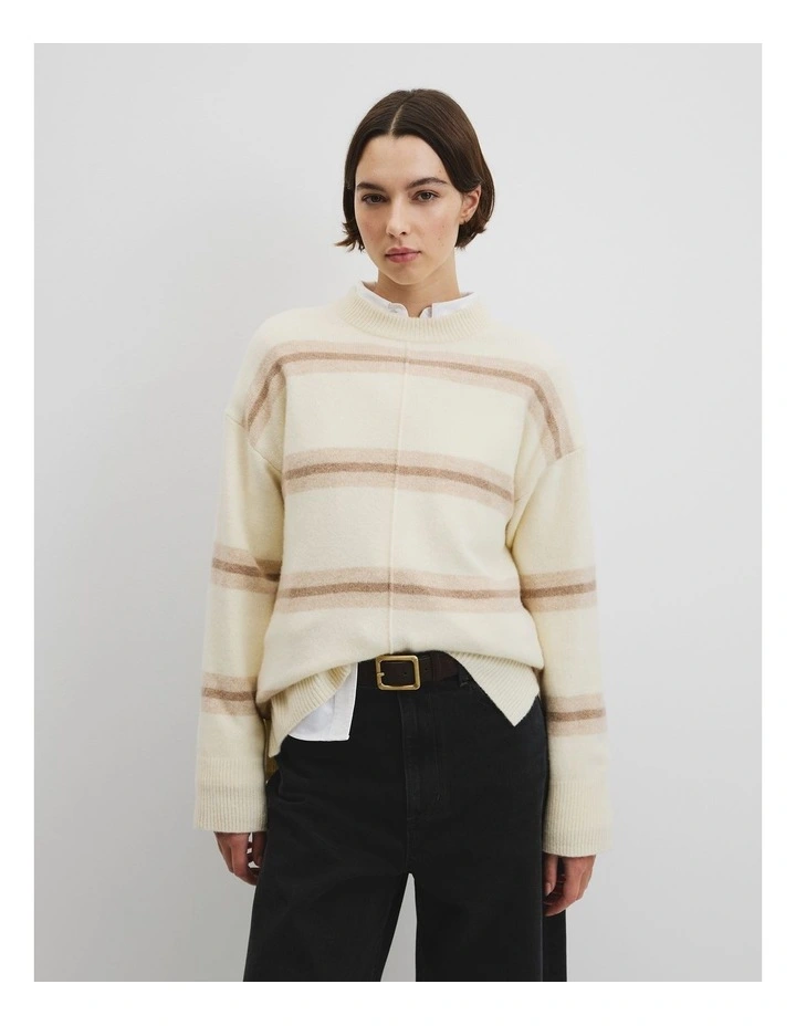 Extrafine Merino Stripe Crew Neck Knit in Sand Stripe image 1