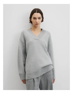 Extrafine Merino Longline V-neck Neck Knit in Grey Marle