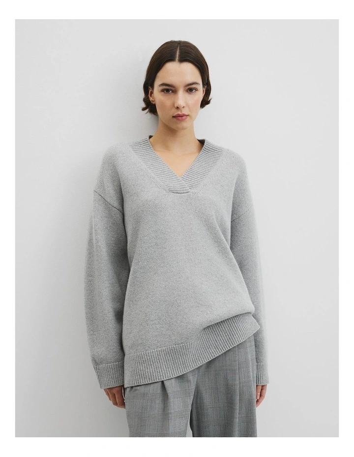 Extrafine Merino Longline V-neck Neck Knit in Grey Marle image 1