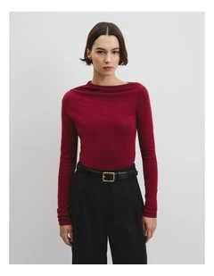 Merino Wool Blend Drape Neck Knit in Amber Rouge