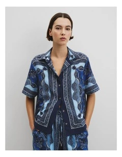 Scarf Print Short Sleeve Shirt in Navy Scarf Print