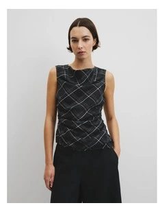 Organically Grown Linen Check Ruched Linen Tank in Black Check