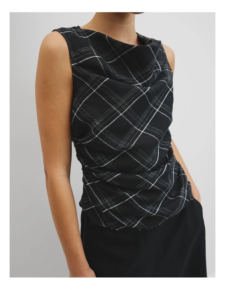 Organically Grown Linen Check Ruched Linen Tank in Black Check image 3