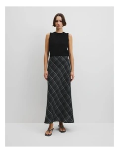 Organically Grown Linen Check Pull-on Midi Skirt in Black Check