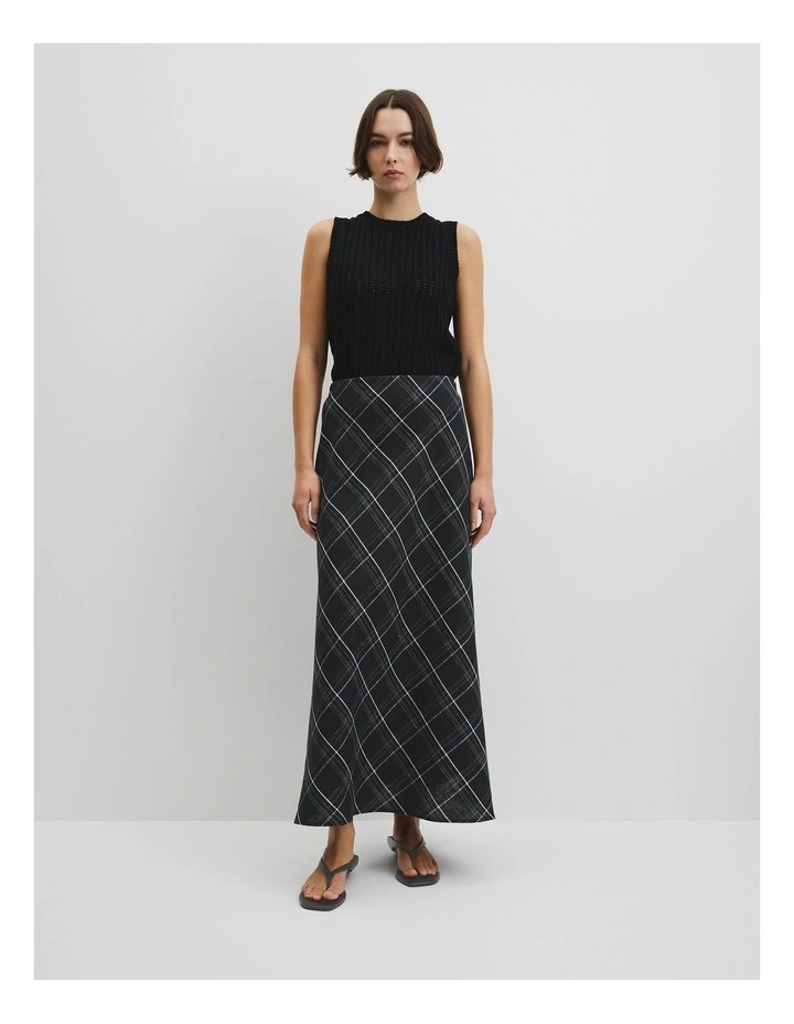 Organically Grown Linen Check Pull-on Midi Skirt in Black Check image 1