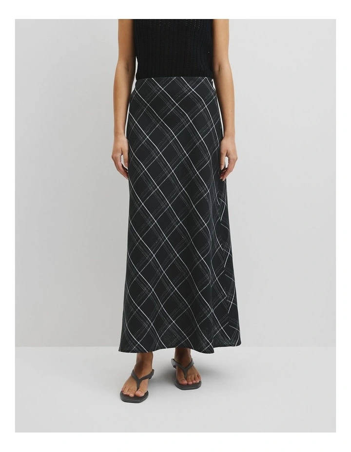 Organically Grown Linen Check Pull-on Midi Skirt in Black Check image 2
