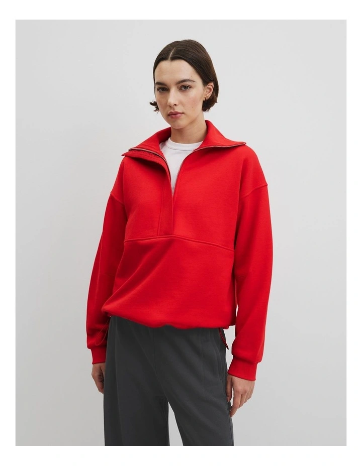 Australian Cotton Zip Neck Placket Sweat in Vivid Cherry image 1
