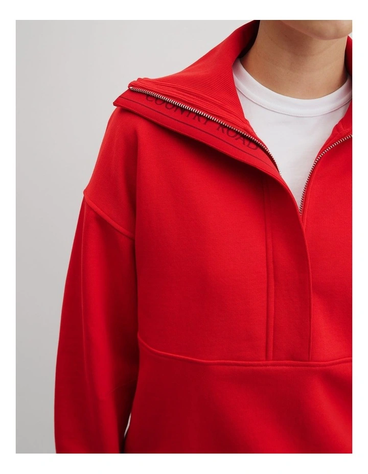 Australian Cotton Zip Neck Placket Sweat in Vivid Cherry image 2