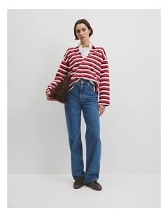 Australian Grown Cotton Stripe Texture Rugby Sweat in Cherry Stripe