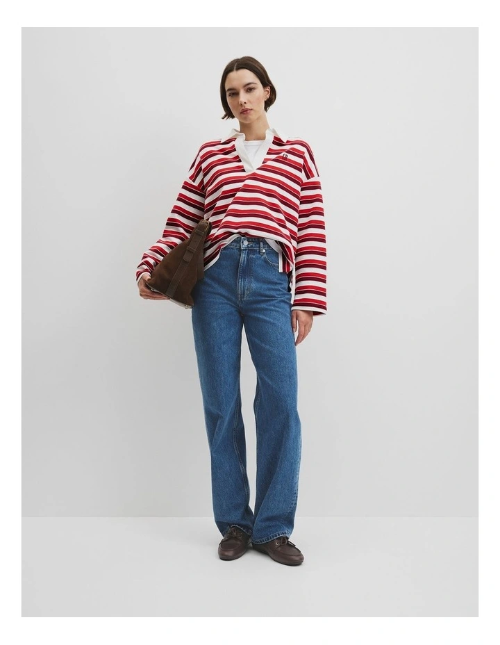 Australian Grown Cotton Stripe Texture Rugby Sweat in Cherry Stripe image 1