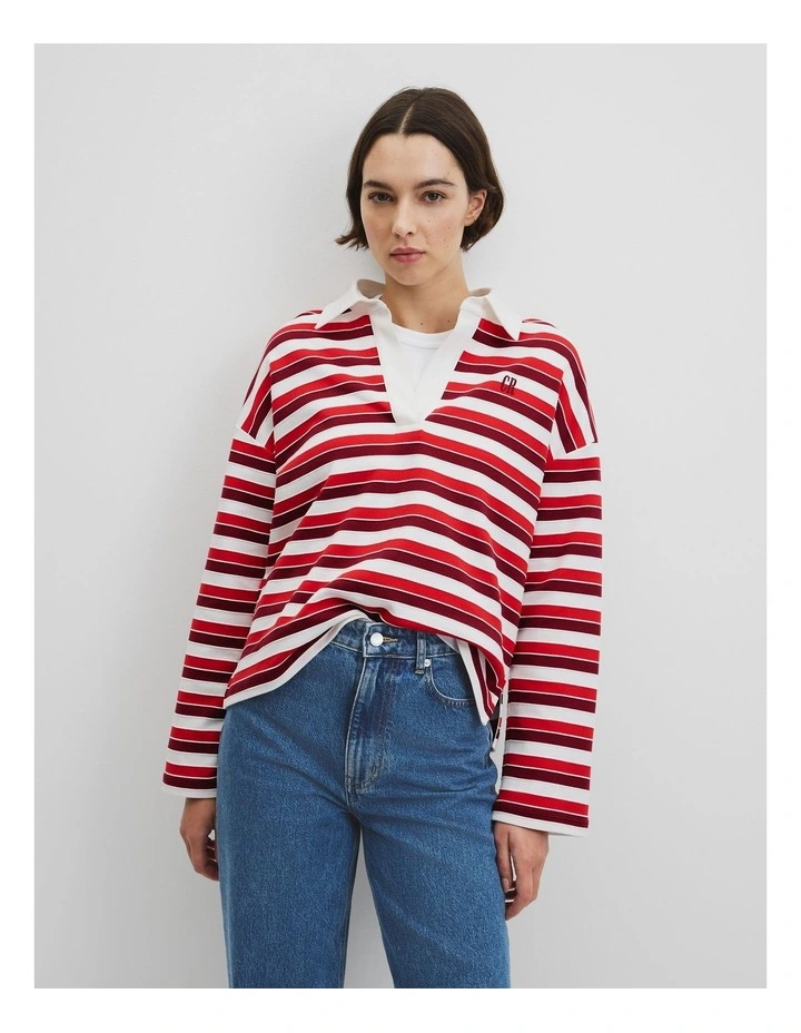 Australian Grown Cotton Stripe Texture Rugby Sweat in Cherry Stripe image 2