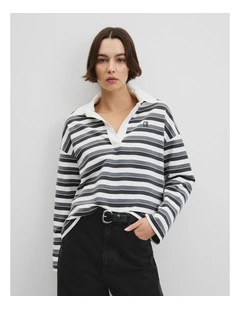 Australian Grown Cotton Stripe Texture Rugby Sweat in Charcoal Stripe
