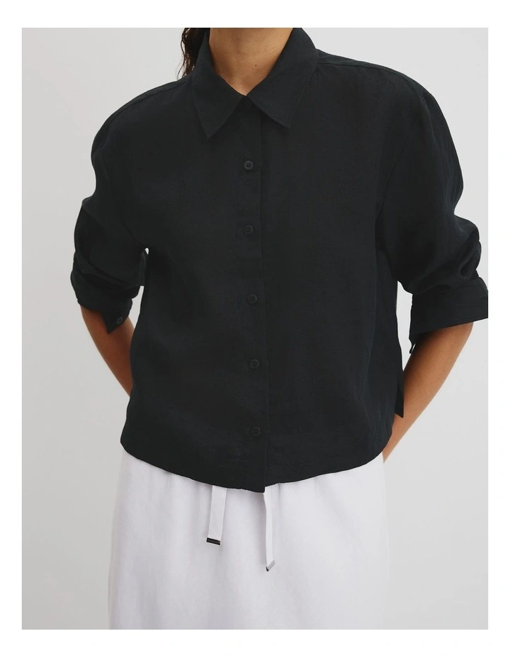 Crop Linen Shirt in Black image 2