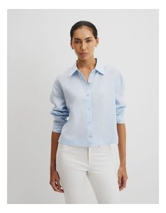 Crop Linen Shirt in Chambray Blue