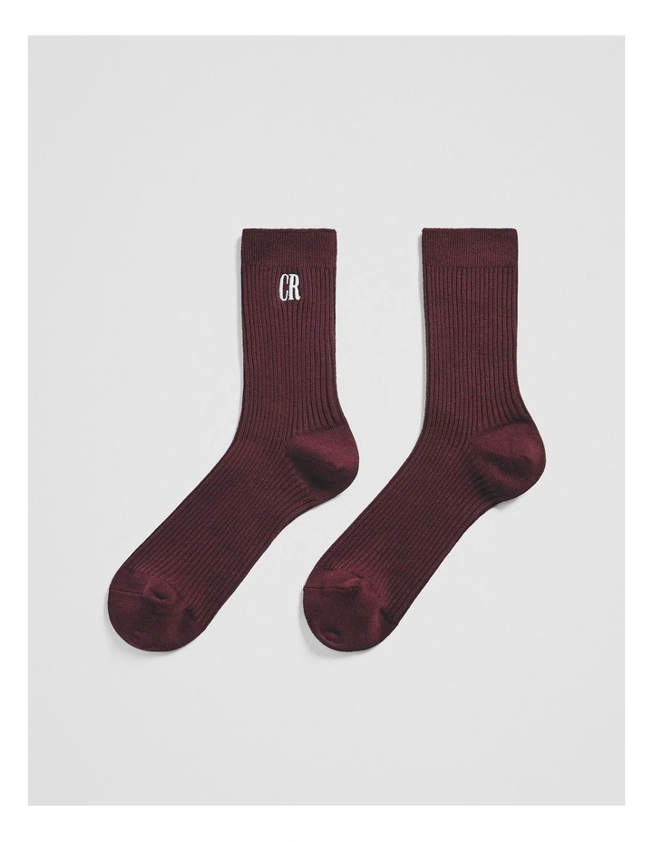 Australian Cotton Blend CR Ribbed Three Quarter Crew Sock in Claret image 1