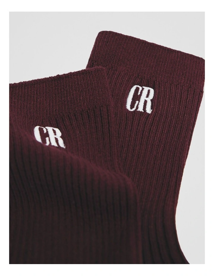 Australian Cotton Blend CR Ribbed Three Quarter Crew Sock in Claret image 2