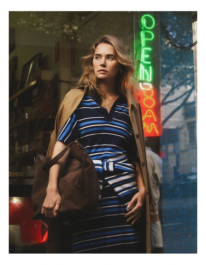 Australian Merino Stripe Polo Knit Dress in Navy Stripe image 2