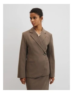 Wool Blend Cross Over Blazer in Dark Truffle