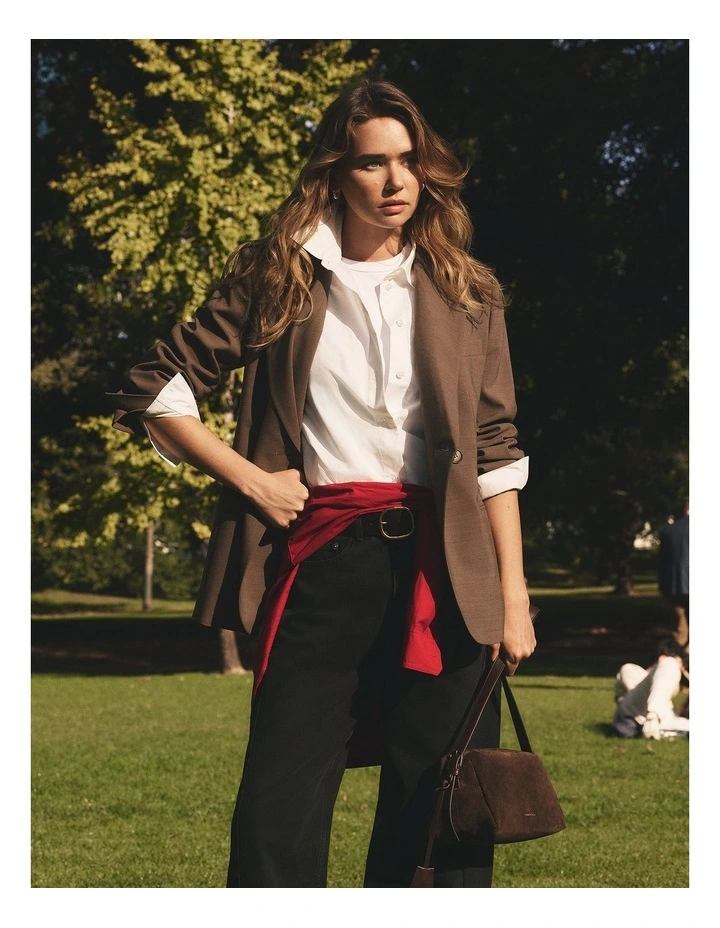 Wool Blend Cross Over Blazer in Dark Truffle image 2