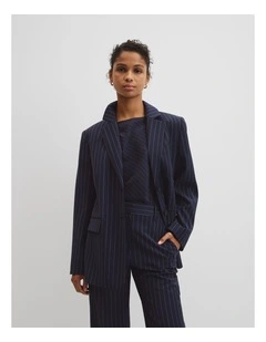 Wool Blend Classic Pinstripe Blazer in Navy Stripe