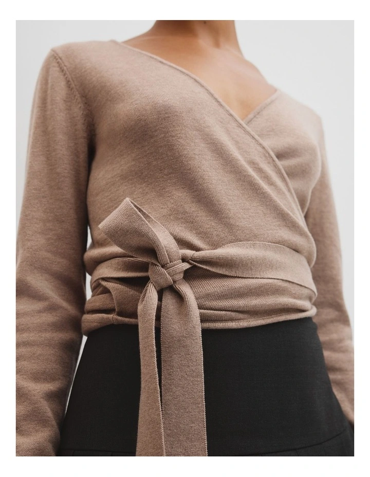Merino Button Detail Wrap Knit in Light Umber image 3