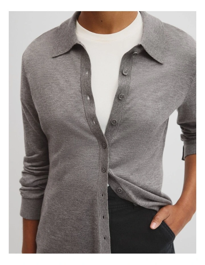 Merino Long Sleeve Knit Shirt in Charcoal Marle image 2