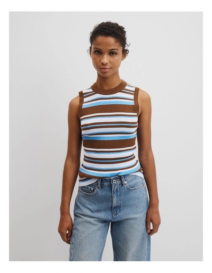 Australian Merino Crew Neck Stripe Knit Tank in Chocolate Stripe image 2