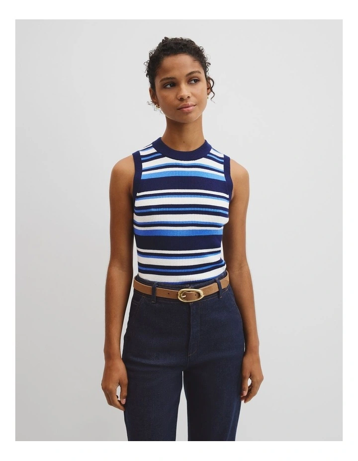 Australian Merino Crew Neck Stripe Knit Tank in Navy Stripe image 1
