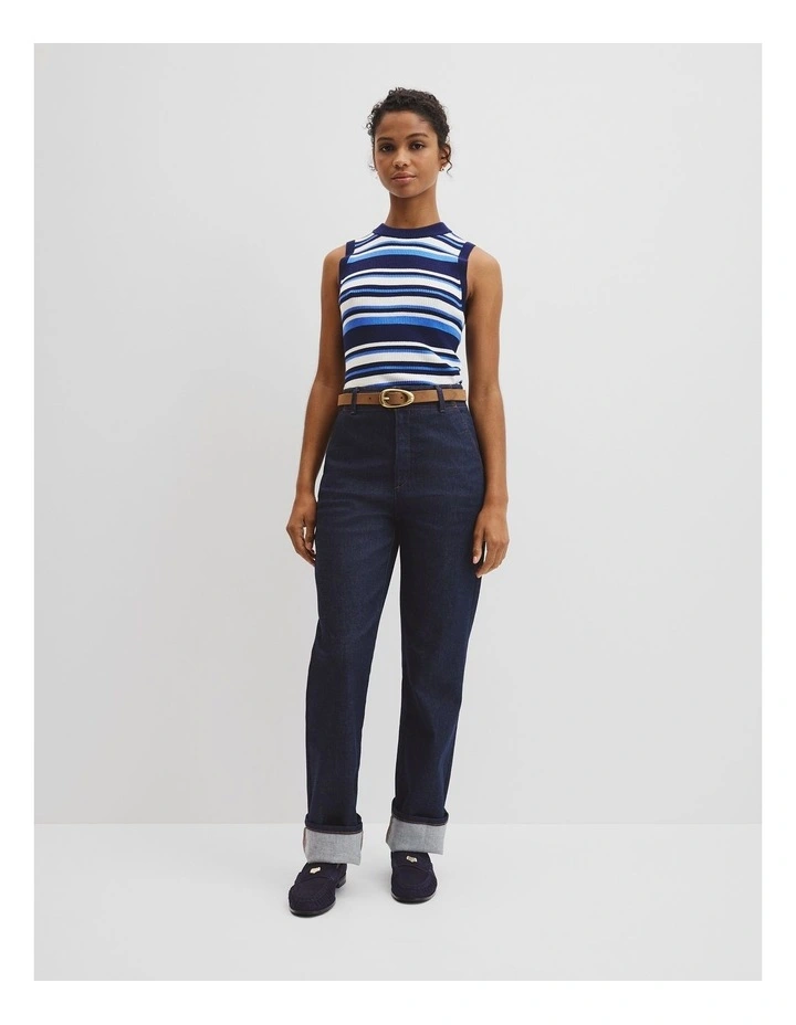 Australian Merino Crew Neck Stripe Knit Tank in Navy Stripe image 3