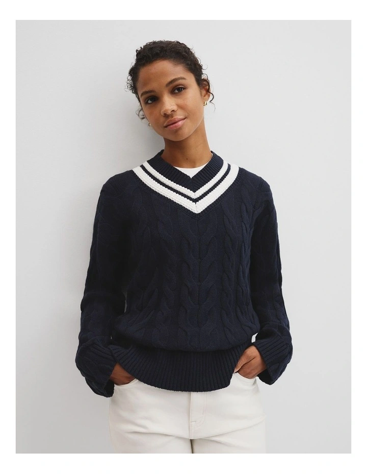 V-neck Cable Knit in Eclipse Navy image 1